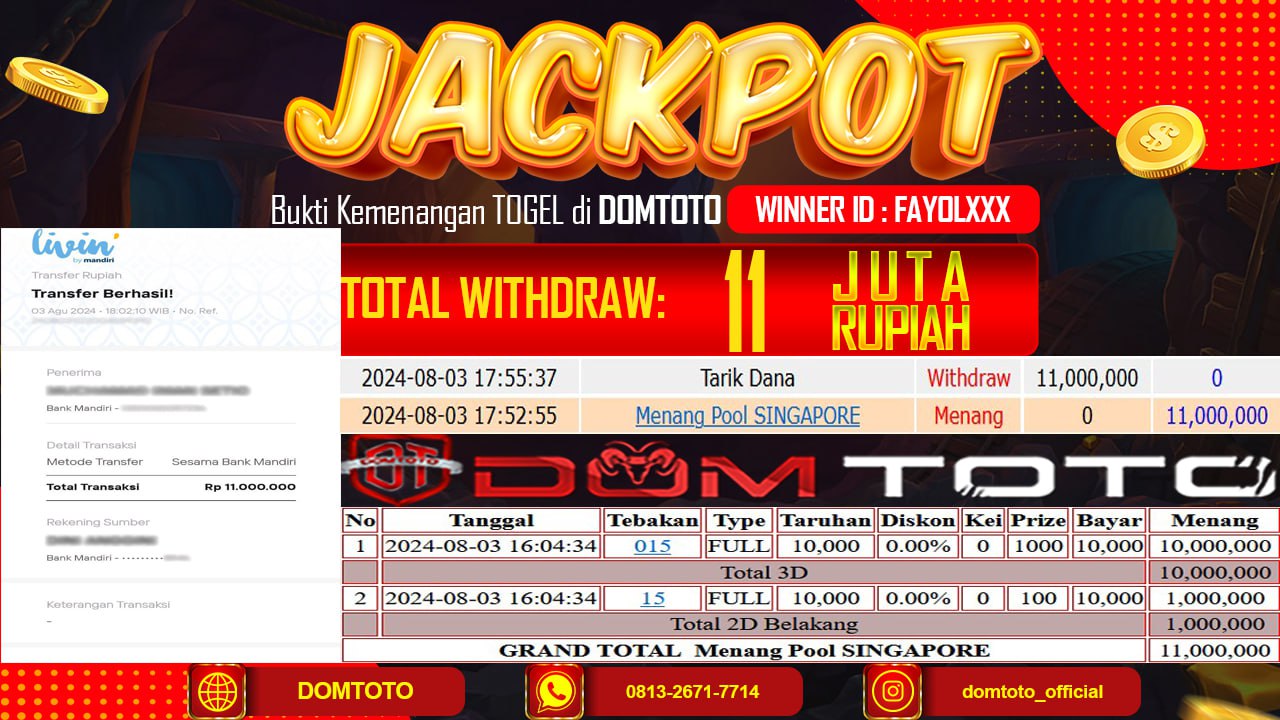 JACKPOT TOGEL POOL SINGAPORE 03 AGUSTUS 2024